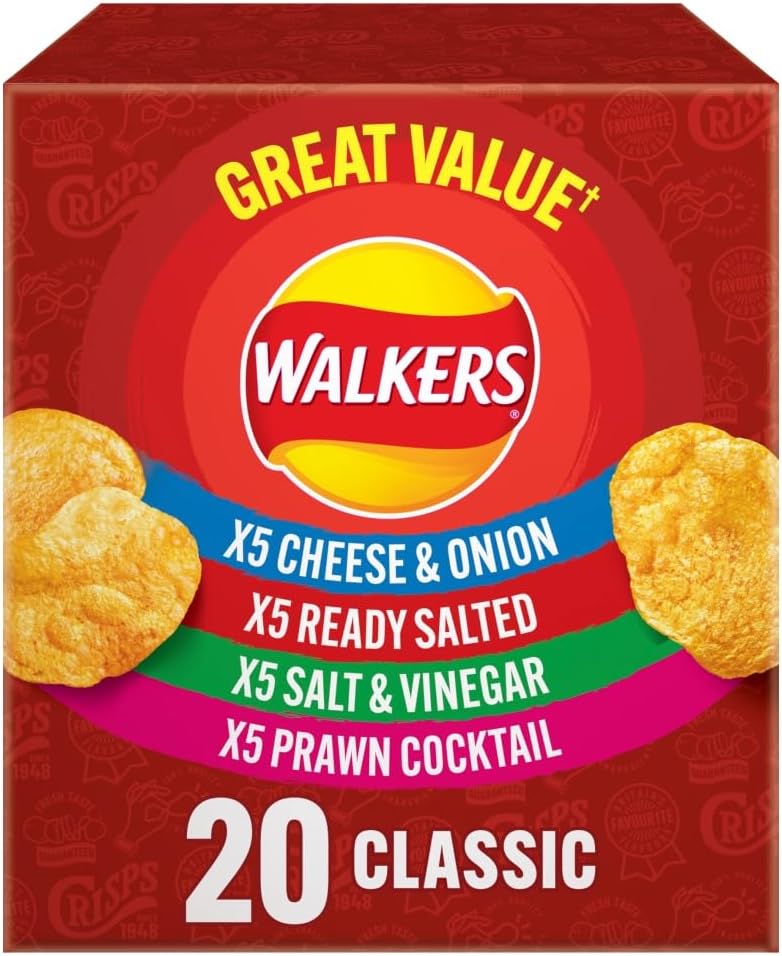 61O5CUmsvWL._AC_SL1000_ 80 Bags of Walkers Classic Variety Multipack Crisps Box (4 boxes × 20 packs) Free gift of 12 bottles of water - Image 1